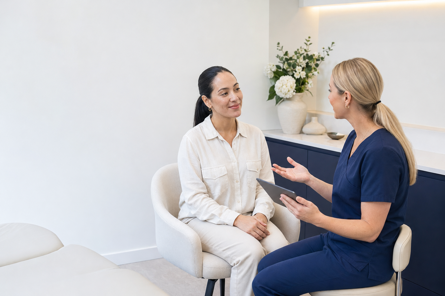Client discussing treatment goals with a medical clinician